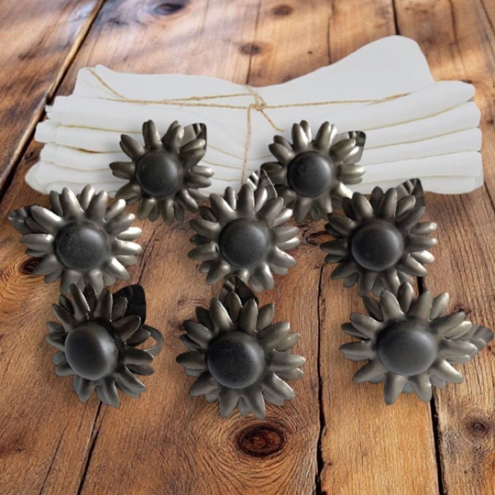 Rustic Country Metal Button Daisy Flower Napkin Ring Set of 8